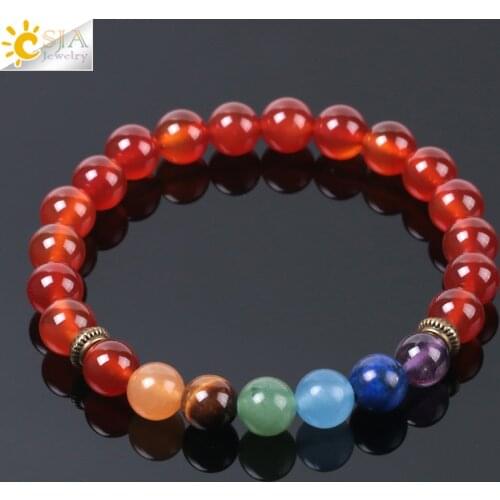 CSJA 7 Chakra Red Onyx Bracelets Natural Crystal Stones Yoga Reiki Balance Bronze Bracelet Elastic Simple Jewelry Women Men E984