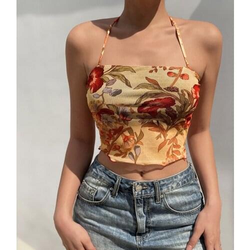 IAMSURE Floral Mesh Halter Top Sexy Slim See Through Sleeveless Crop Top Vintage Slash Neck Tank Tops Women Elegant Clubwear 90S