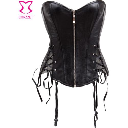 Punk Rock Faux Leather Corsets and Bustiers Zip Lace Up Gothic Corset Sexy Corselete Feminino Espartilhos Burlesque Bustier Top