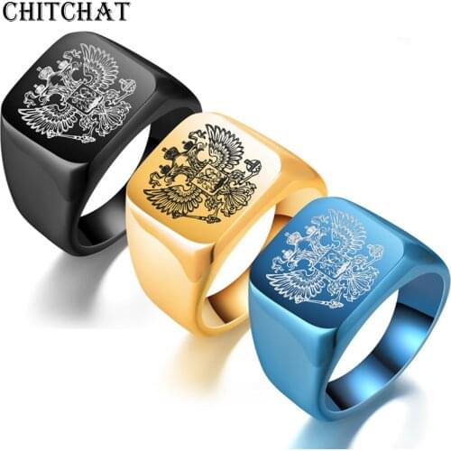 316L Stainless Steel Double Eagle Emblem Russian Engrave Finger Ring For Men Jewelry Fashion Coat Of Arms Of the Signet Rings