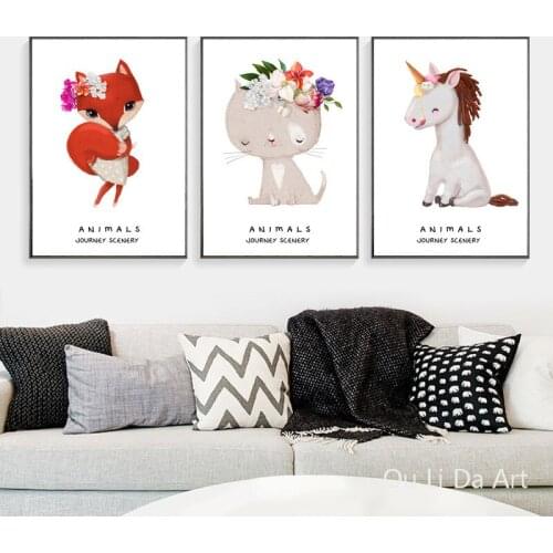 New no frame cartoon cartoon fox unicorn journey scenery canvas printings oil painting printed on canvas wall decoration picture