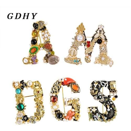 GDHY New Luxury Metal Crystal Rhinestone Brooch Pins A G M S English Letter Word Pins and Brooches Shirt Gold Jewelry Gift New