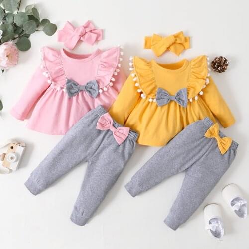 3pcs Newborn Baby Girls Clothes Cotton Bowknot Tassel Tops +Pants +Headband Sets Baby Kids Outfit Autum Girl Clothing 6 9 12 18M