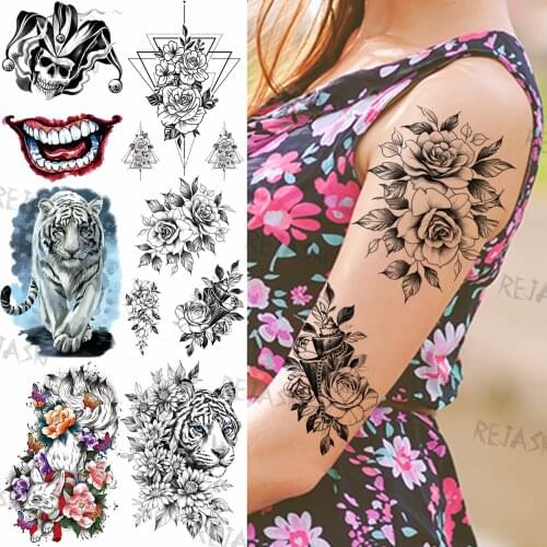 Sexy Rose Temporary Tattoos For Women Men Adult Realistic Halloween Clown Fox Tiger Fake Tatoos Washable Holiday Tattoo Stickers