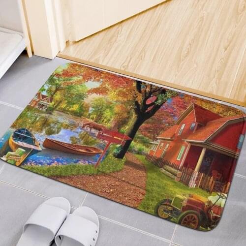 Upetstory Autumn Village Print Entrance Doormat Funny Wecome Floor Door Mats Absorbent Indoor Kitchen Living Room Carpet Rugs