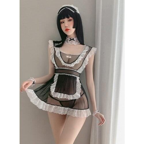 Sexy Lace Mesh Maid Cosplay Costumes Women Lovely Role Play Dress For Women Perspective Lingerie Suit Erotic Servant Clothes