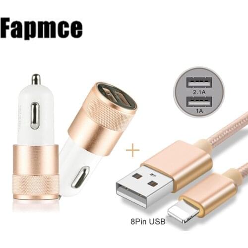 2Port Smart USB Aluminum Car Charger Adapter + Nylon 8 Pin USB Cable for iPhone 11 Pro X 8 7 6s 6 Plus 5 5s SE XR XS Max iOS 12
