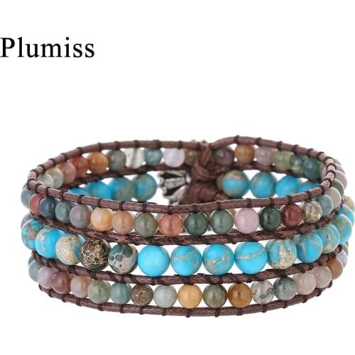 Vintage 3 Rows Wrap Bracelets Bangles Indian Agates Imperial Jaspers Cuff Bracelet for Women Jewelry Gift Sunflower Clasp