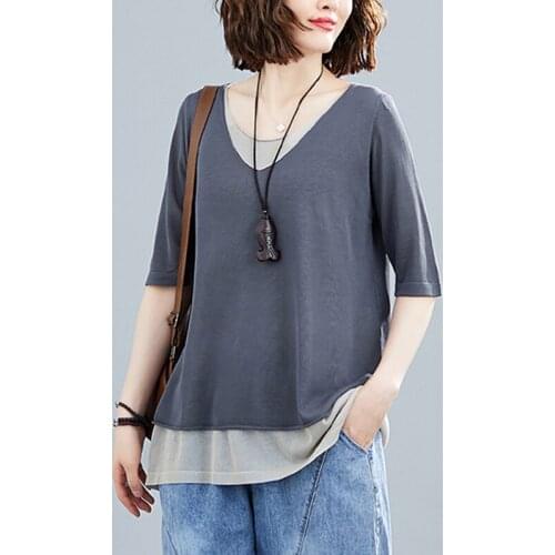 Women Summer Loose Casual T-shirts New Arrival 2021 Simple Style V-neck Fake 2 Piece Female Cotton Linen Tops Tees S3946