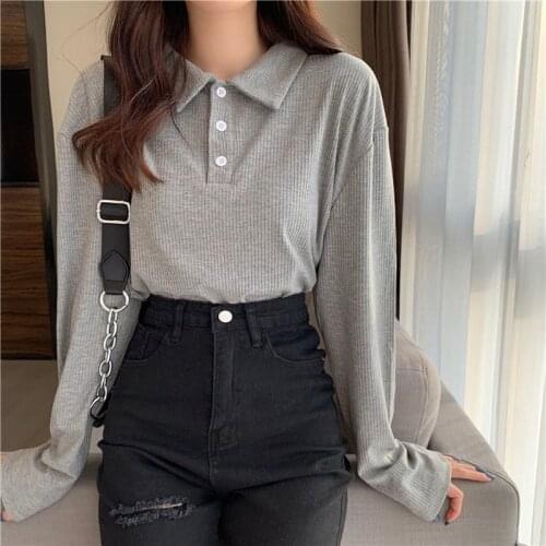 T-shirt Women Long Sleeve Turn-down Collar Vintage Knitted Top Girls All-match Skin-friendly Slim Elegant Simple Female Clothing