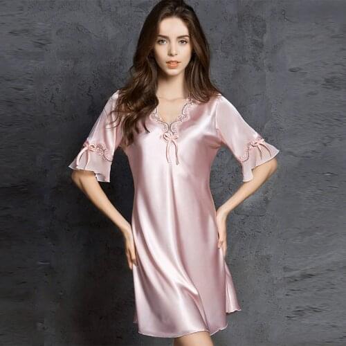 Womens Silk Satin Sleepwear Lace Sexy Short Sleeve Nightdress Female Clothing Homewear Nightwear Transparent Nightgown Pajamas