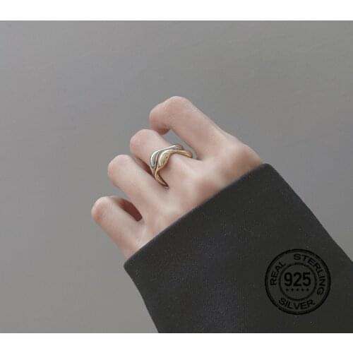 925 Sterling Silver Rings For Women Opening Adjustable Gold-Plated Irregular Geometric Wave Pattern Korea Fashion Jewelry INEFFA