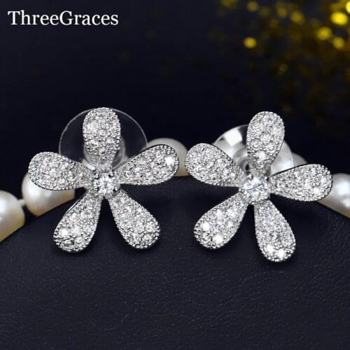 ThreeGraces Korean Silver Color Flower Pave Green Red Blue Austrian Crystal Stud Earrings For Women Fashion Jewelry ER107