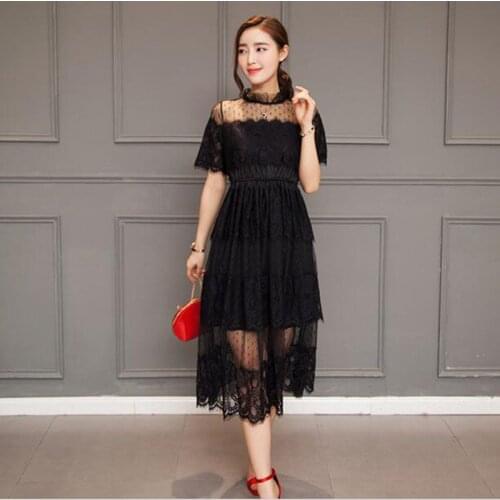 2019 Women Long dress Lace High Slim Waist Big Pendulum Dresses White Black Lace Hollow Out