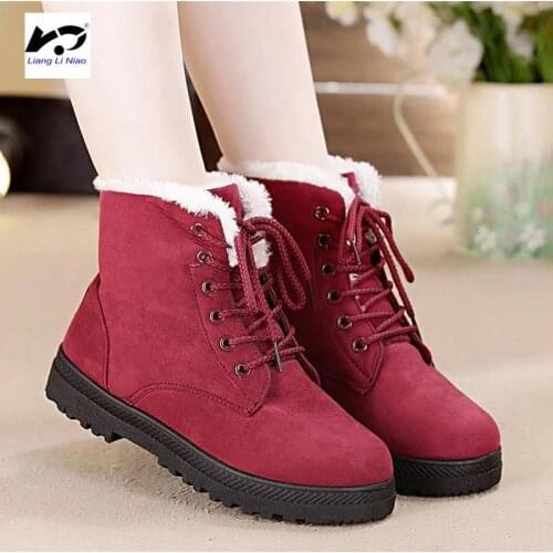 Snow boots 2019 warm fur plush Insole women winter boots square heels flock ankle boots women shoes lace-up winter shoes woman