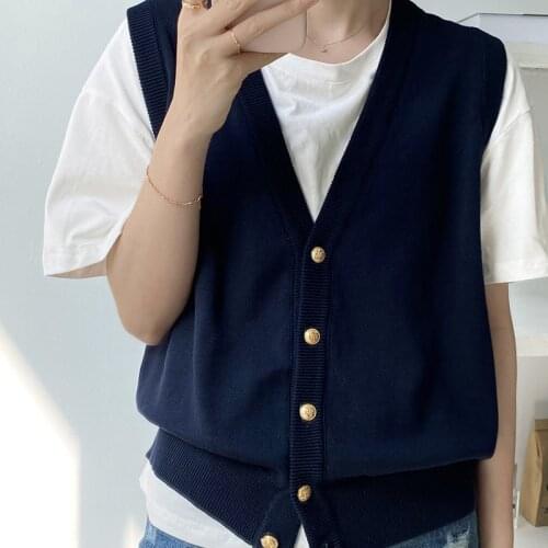 2021 Spring and Summer Korean Loose Folding V-neck Knitted Vest Women Sleeveless Slim Sweater Vest YL815