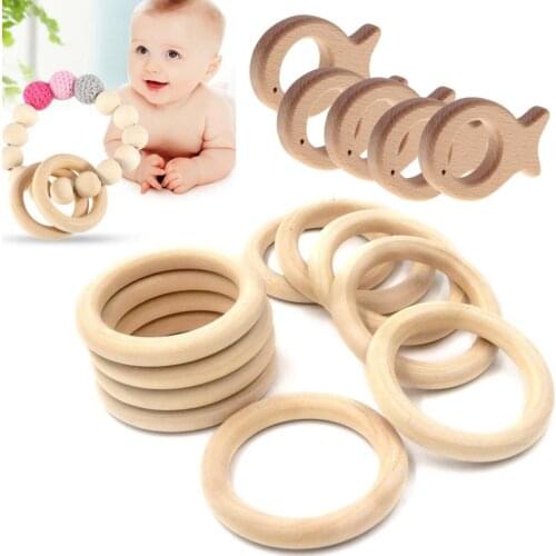 25pcs Baby Wooden Fish Shape Round Teether Teething Rings Necklace Bracelet DIY Crafts Baby Product Shower Gift
