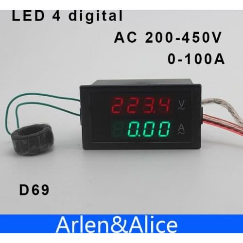 Dual LED 4 digital D69 display Voltage and current meter panel voltmeter ammeter range AC 200-450V 0.00-100.0A