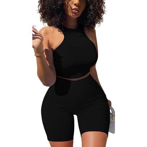 Hirigin New Fashion Women 2 Pcs Solid Color Clothes Set Sleeveless O-neck Cropped Tops + High Waist Short Pants Sets for Ladies