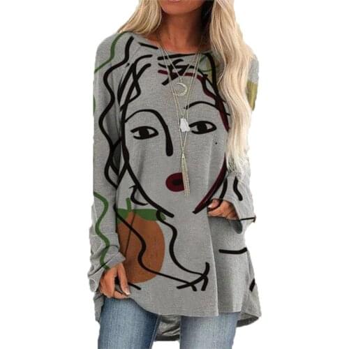 Fashion Graffiti Women Face Print T-shirt Vintage O-neck Shift Female Casual Cotton Loose Long Sleeve Tops Plus Size