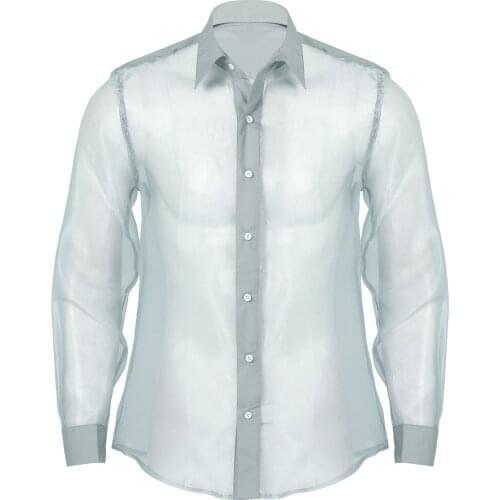 Men Male Fashion Shiny See-through Organza Shirt Turn-down Collar Long Sleeve Button Down Shirts Tops Party Clubwear Costume