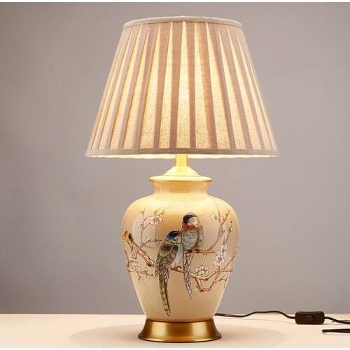 New Chinese Flower And Bird Ceramic Table Lamp For Living Room Study Bedroom Bedside Lamp European Idyllic Decoration Night Lamp