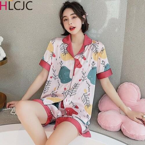 Womens Silk Satin Pajamas Pyjamas Set Short Sleeve Sleepwear Pijama Pajamas Suit Female Sleep Two Piece Set Loungewear Plus Size