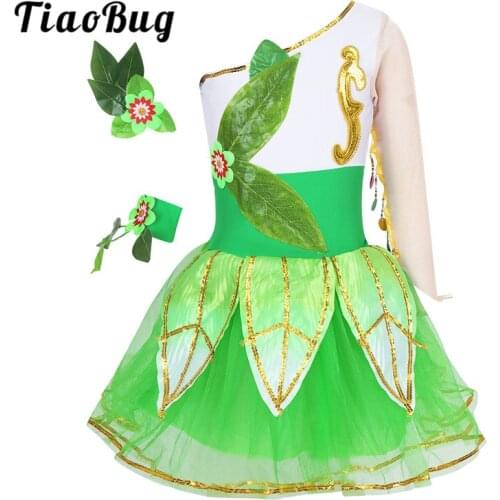 TiaoBug Kids Girls One Shoulder Long Sleeve Sequins Trim Green Mesh Tutu Ballet Dress Set Child Stage Performance Dance Costume