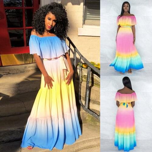 Dress Women Rainbow Print Slash Neck Sashes Elastic Waist Long Dress Summer Chiffon Vintage Fashion Holiday Vestidos Mujer