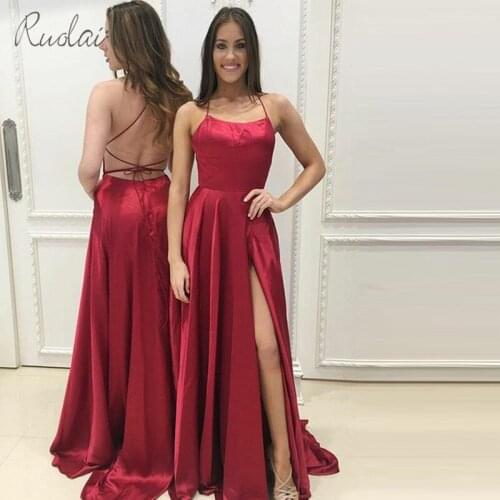 Simple Evening Dress Long SpaghettI Straps A-Line Red Prom Dress 2019 with Slit Formal Party Gown Cross Back Robe de Soiree