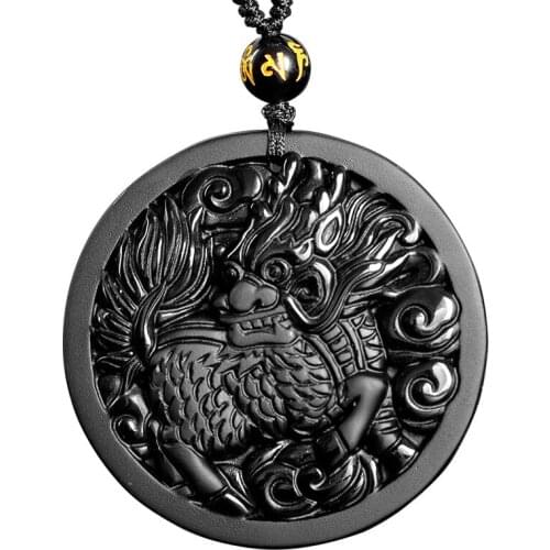 Drop Shipping Obsidian Natural Stone Pendants Carved Unicorn Brave Pendant Necklace Lucky For Women Men Animal Fashion Jewelry