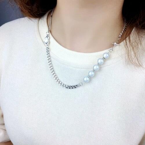 Reflective Pearl Necklace Ins Full Body Stainless Steel Stitching Love Pearl Cross. Crystal Clavicle Chain Necklace Female