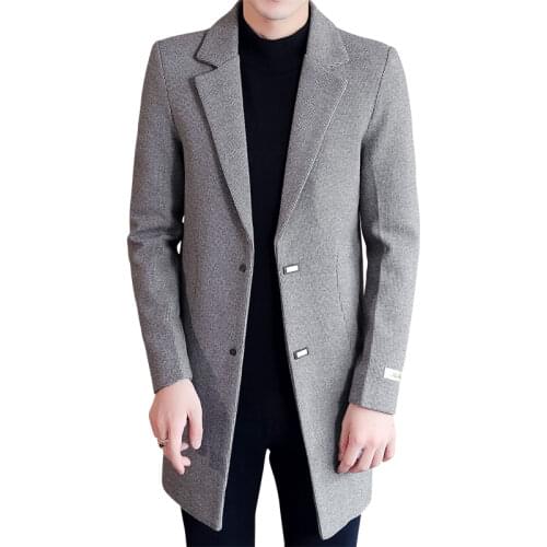 2021 Winter New Fashion Men Solid Color Trench Coat / Male Casual Slim Long Style Cotton Warm Woolen Blends Jacket Windbreaker