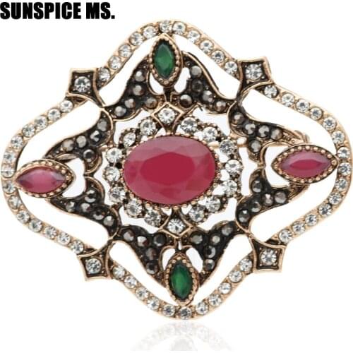 Trendy Turkish Women Round Resin Rhinestone Vintage Brooch Antique Gold Color Flower Corsage Indian Bohemia Ethnic Retro Jewelry