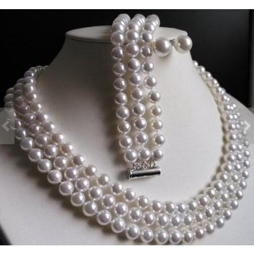 Birthday Jewelry 3 Rows 17-19inches 8mm White Shell Pearl Necklace Bracelet 10mm Earrings Wedding Party Jewelry Set