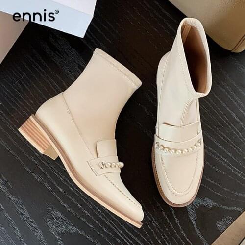 ENNIS Autumn Winter Womens Shoes Black Ankle Boots Round Toe With Pearl Chain Beige Flat Shoes Stretch Boots Fashion Brand 2021
