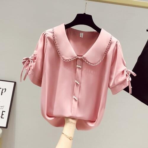 2021 Summer Elegant Women Peter Pan Collar Lace-up Short Sleeves Beading Shirts Female Casual Pullover Tops Ladies Shirt Blouse