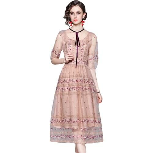 Elegant Runway Autumn Midi Dress Women Bow Tie Collar Lace Mesh Flower Embroidery Evening Party Tulles Vestidos k9941