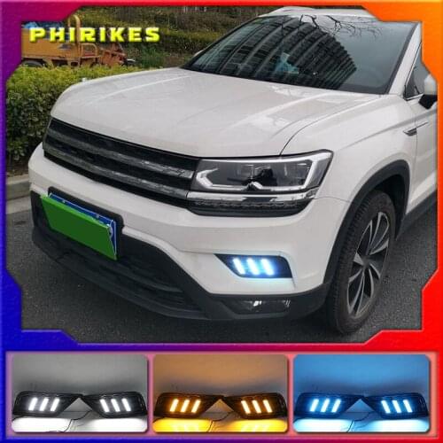 1Pair For Volkswagen VW Tharu 2019 With Yellow Turn Signal Fog Lamp Cover night blue LED DRL Daytime Running Light Daylights