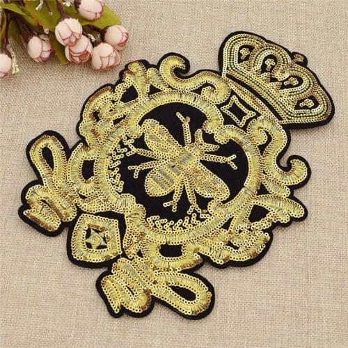1PC 240*170mm Gold Sequins Crown Bee Patches Embroidery Applique Sew on Clothes Craft