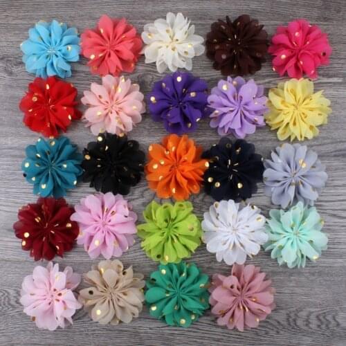10pcs/lot 7.5cm 24colors Fluffy Ballerina Chiffon Flower Ornaments Fabric Flowers With Gold Dot For Hair Clips Hair Accessories