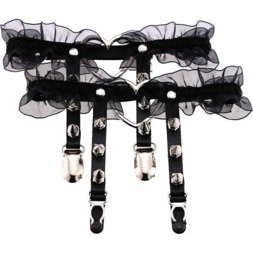 10pcs Sexy Women Lace Elastic Flower Garter Handmade Lolita Kawaii Big Heart Leather Leg Garter Ring Belts Spikes Thigh Harness