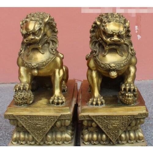 18" Chinese Bronze Foo Fu Dog Guardion Door Gate Lion Leo Kid Animal Pair Statue