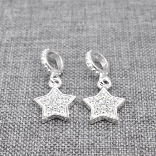 2pcs of 925 Sterling Silver Star Dangle Charms Rhodium Plated w/ CZ for Celestial Bracelet Necklace