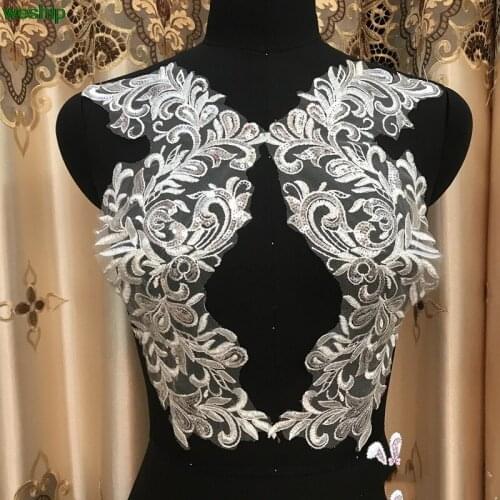 White 3D Lace embroidery patches Sequins LACE decals flower Applique for DIY Wedding dress size 17* 37 cm