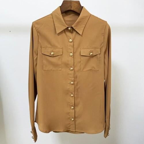 Free Shipping 2021 Autumn New Blouse Elegant Lady Solid Color Double Pocket Lion Buttons Long Sleeve Shirts Women Clothing