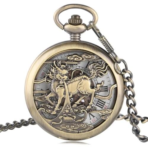 Vintage Roman Numbers Mechanical Pocket Watches Men Women Automatic Kylin Hollow Fob Clock Exquisite Gift For Xmas Birthday