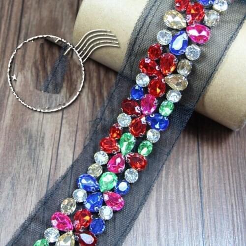 Color Crystal Rhinestone Wedding dress accessories Pearl Beaded Lace Trim fabric applique patches Sew on beaded trim