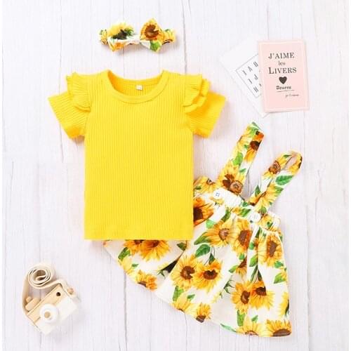FOCUSNORM 0-3Y Cute Infant Baby Girls Clothes Sets Ruffles Sleeve T Shirts Sunflowers Printed Suspender Skirt + Headband Set