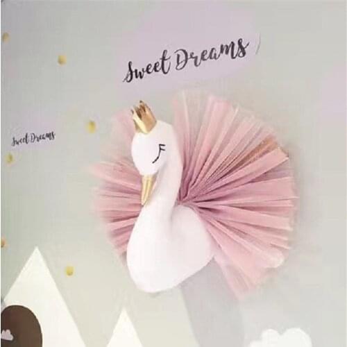 Animal Head Wall Decoration Swan Stuffed Toy Doll for Girl Baby Kids Nursery Room Decor Hanging Mount Christmas Birthday Gift